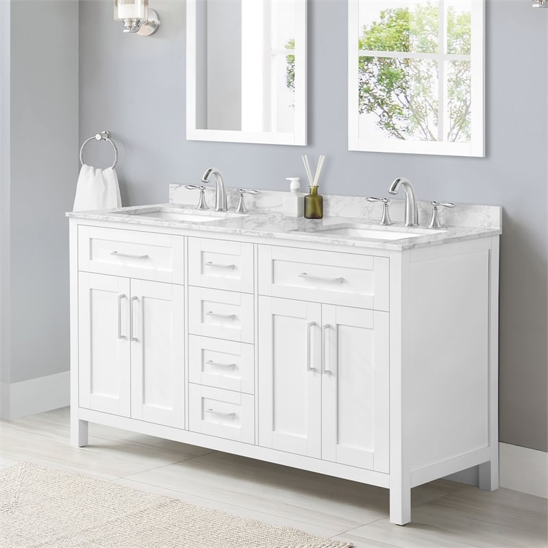 Tahoe 60 in. Double Sink Bathroom Vanity in Pure White with White Countertop