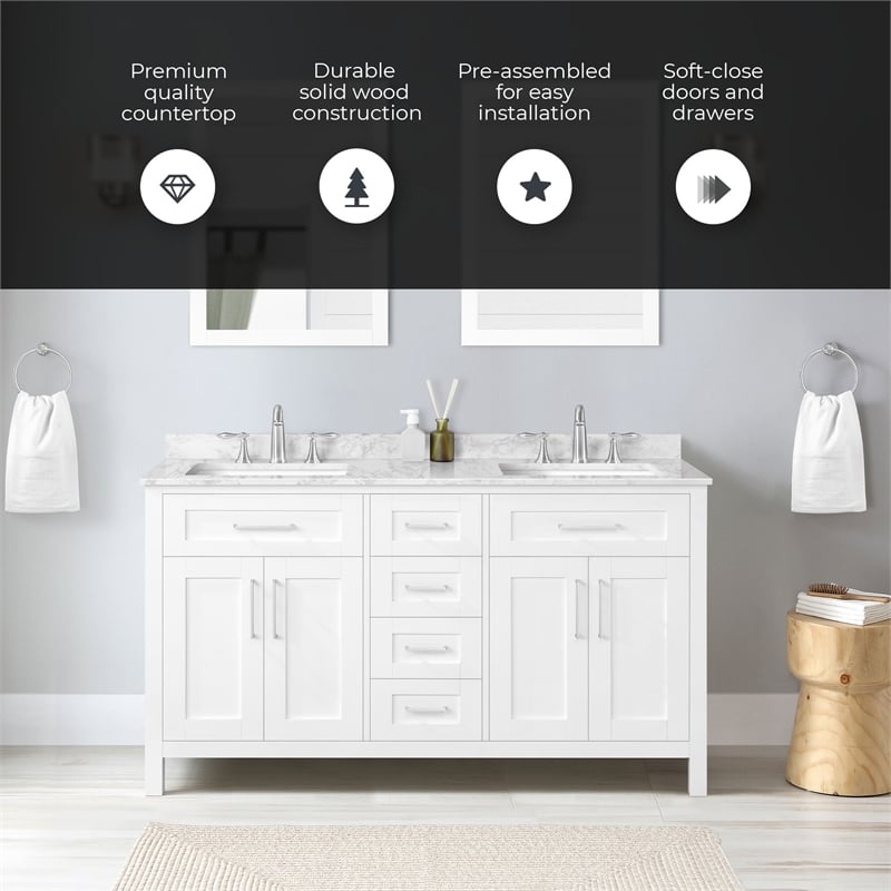 Tahoe 60 in. Double Sink Bathroom Vanity in Pure White with White Countertop