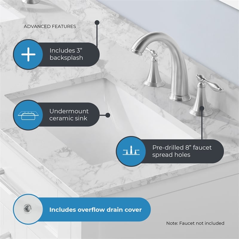 Tahoe 60 in. Double Sink Bathroom Vanity in Pure White with White Countertop