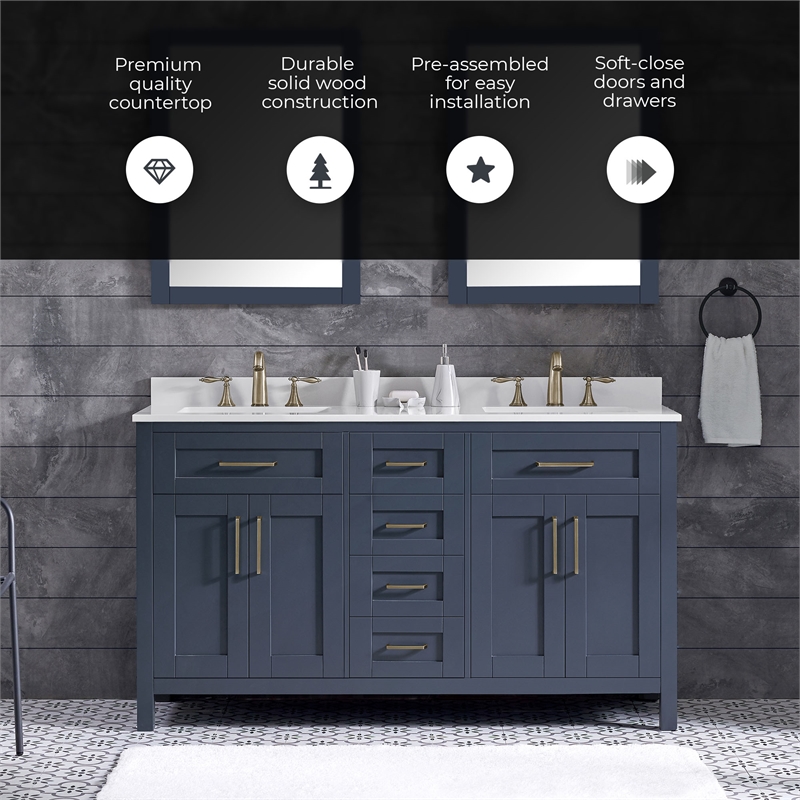 Tahoe 60 in. Double Sink Bathroom Vanity in Midnight Blue with Countertop