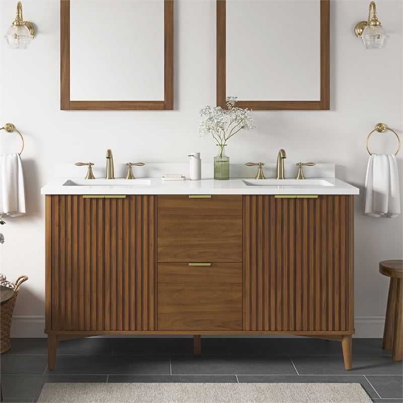 Gabi 60 in. Double Sink Freestanding Warm Walnut Bathroom Vanity