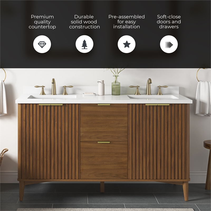 Gabi 60 in. Double Sink Freestanding Warm Walnut Bathroom Vanity