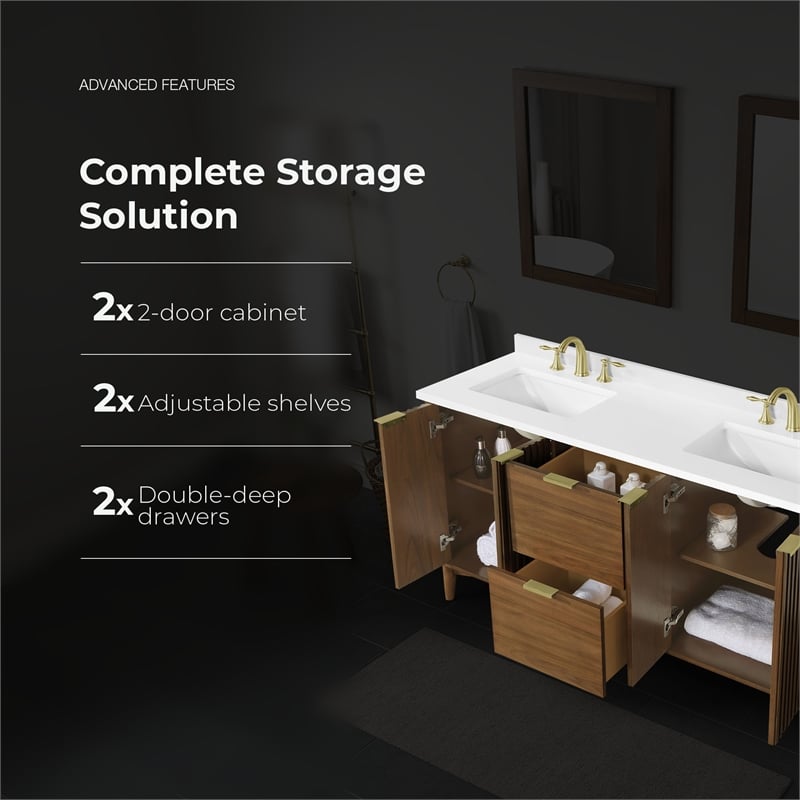 Gabi 60 in. Double Sink Freestanding Warm Walnut Bathroom Vanity