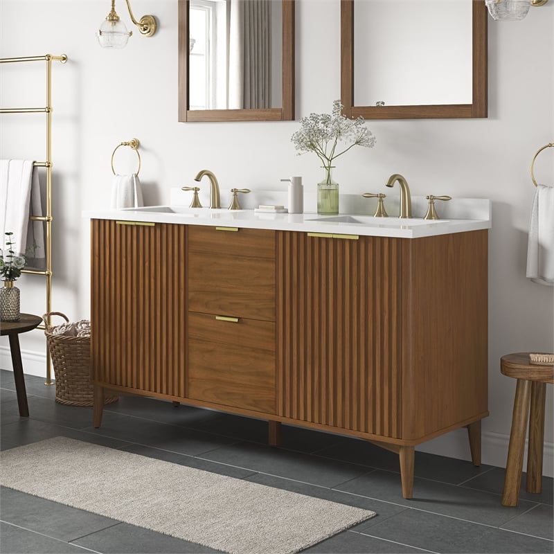 Gabi 60 in. Double Sink Freestanding Warm Walnut Bathroom Vanity