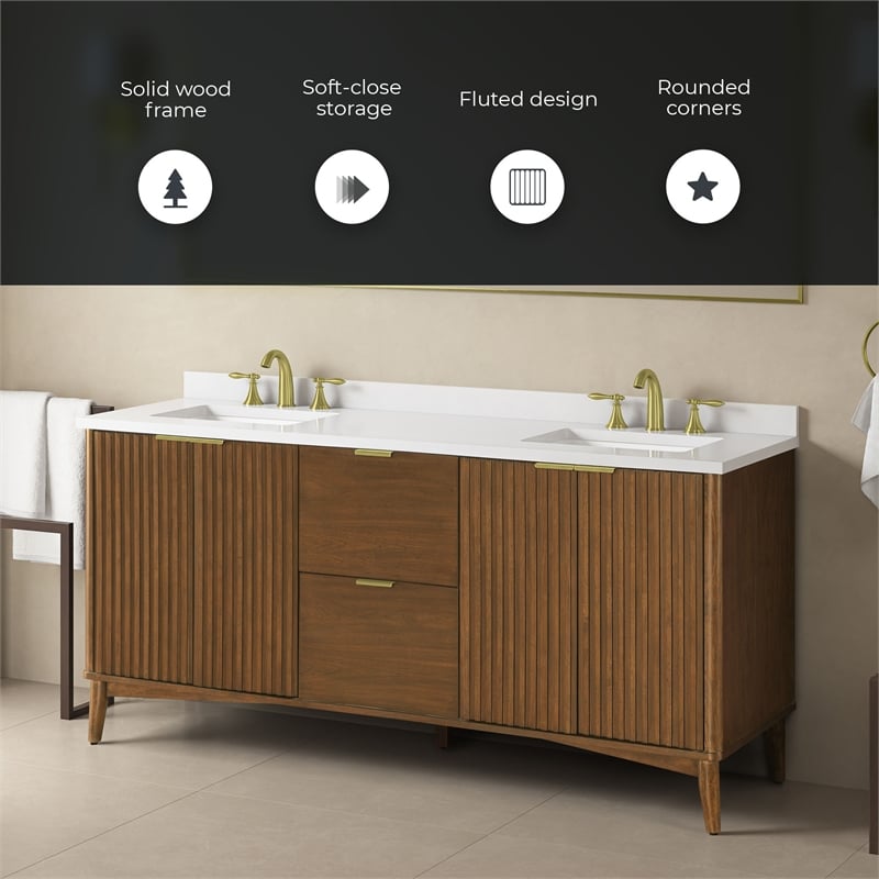 Gabi 72 in. Double Sink Freestanding Warm Walnut Bathroom Vanity