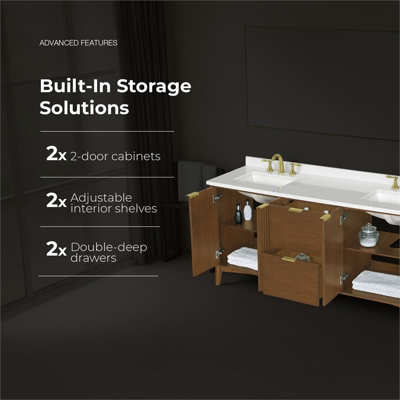 Gabi 72 in. Double Sink Freestanding Warm Walnut Bathroom Vanity