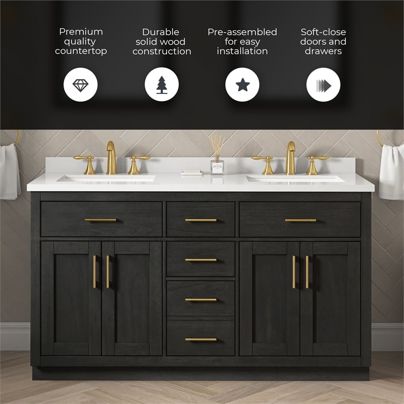 OVE Bailey 60 in. Dark Ebony Wood Bathroom Vanity with White Top