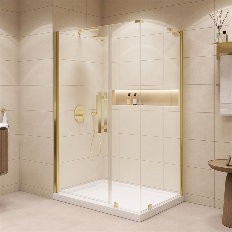 Pasadena 48 x 36 x 74-3/4 Corner Shower Kit with Base and Door in Brushed Gold
