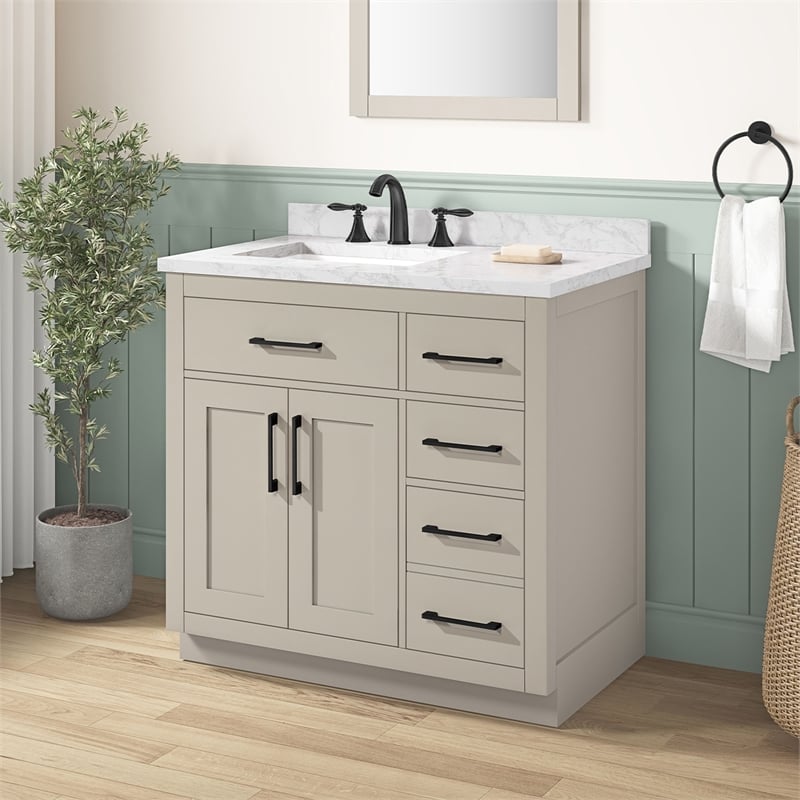 Athea 36 in. Greige Bathroom Vanity with White Top and Matte Black Hardware