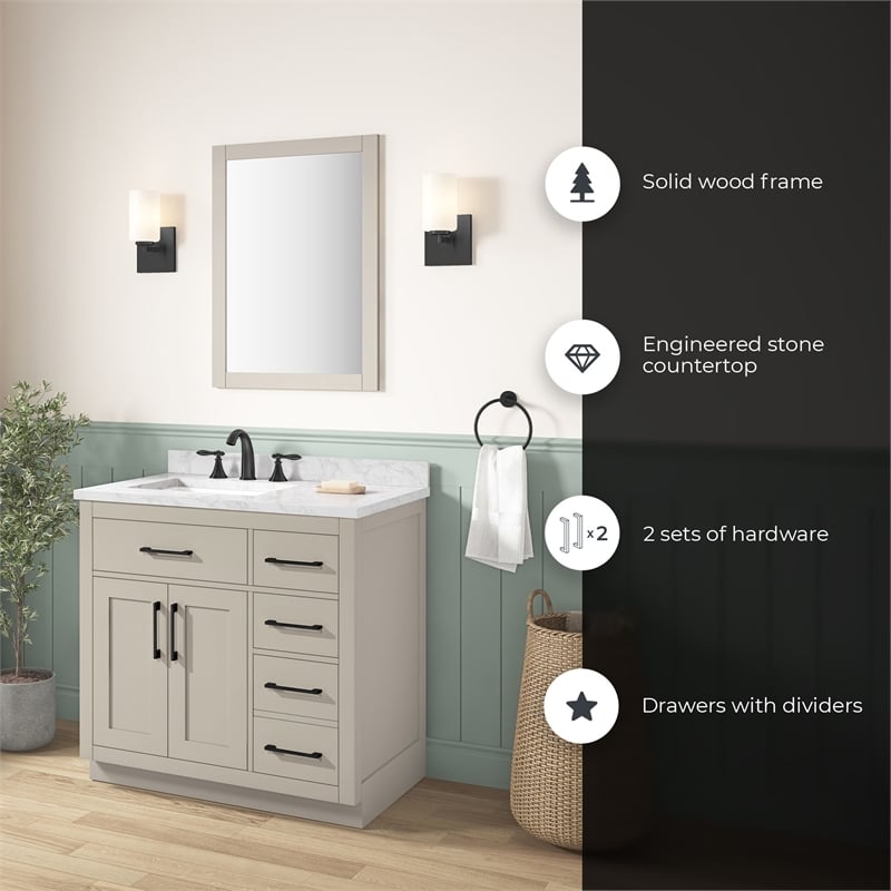 Athea 36 in. Greige Bathroom Vanity with White Top and Matte Black Hardware