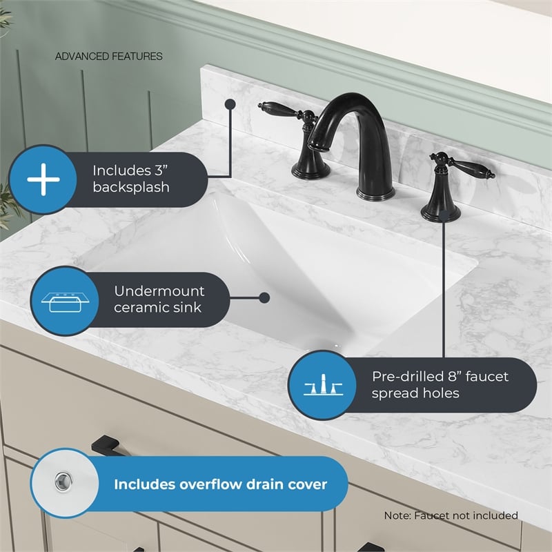 Athea 36 in. Greige Bathroom Vanity with White Top and Matte Black Hardware