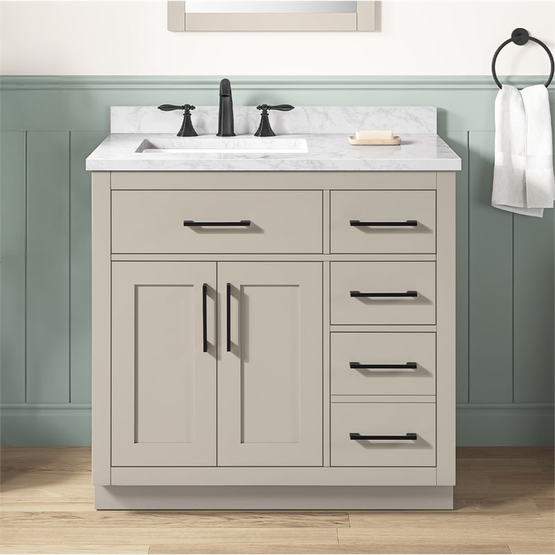Athea 36 in. Greige Bathroom Vanity with White Top and Matte Black Hardware
