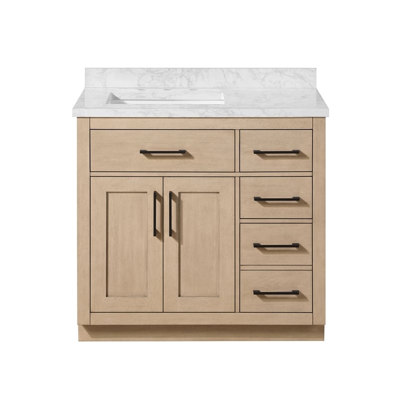 Athea 36 in. Sahara Birch Bathroom Vanity with White Top and Matte Black Hardware