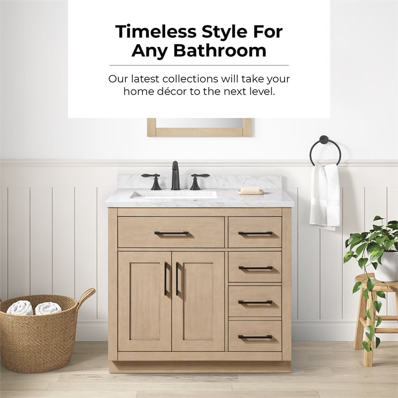 Athea 36 in. Sahara Birch Bathroom Vanity with White Top and Matte Black Hardware