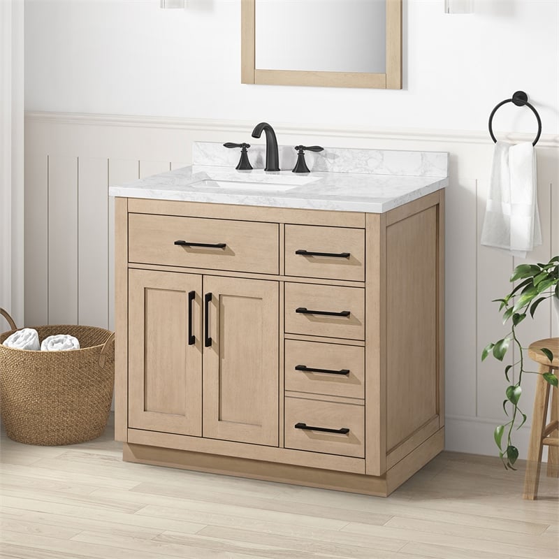 Athea 36 in. Sahara Birch Bathroom Vanity with White Top and Matte Black Hardware