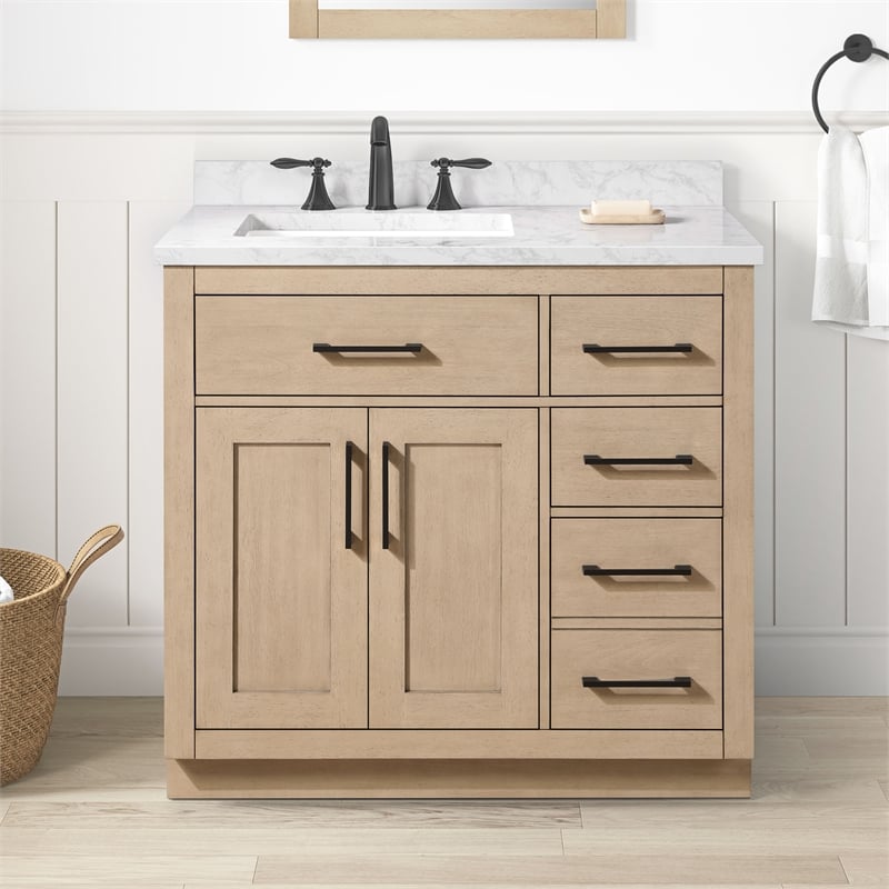 Athea 36 in. Sahara Birch Bathroom Vanity with White Top and Matte Black Hardware
