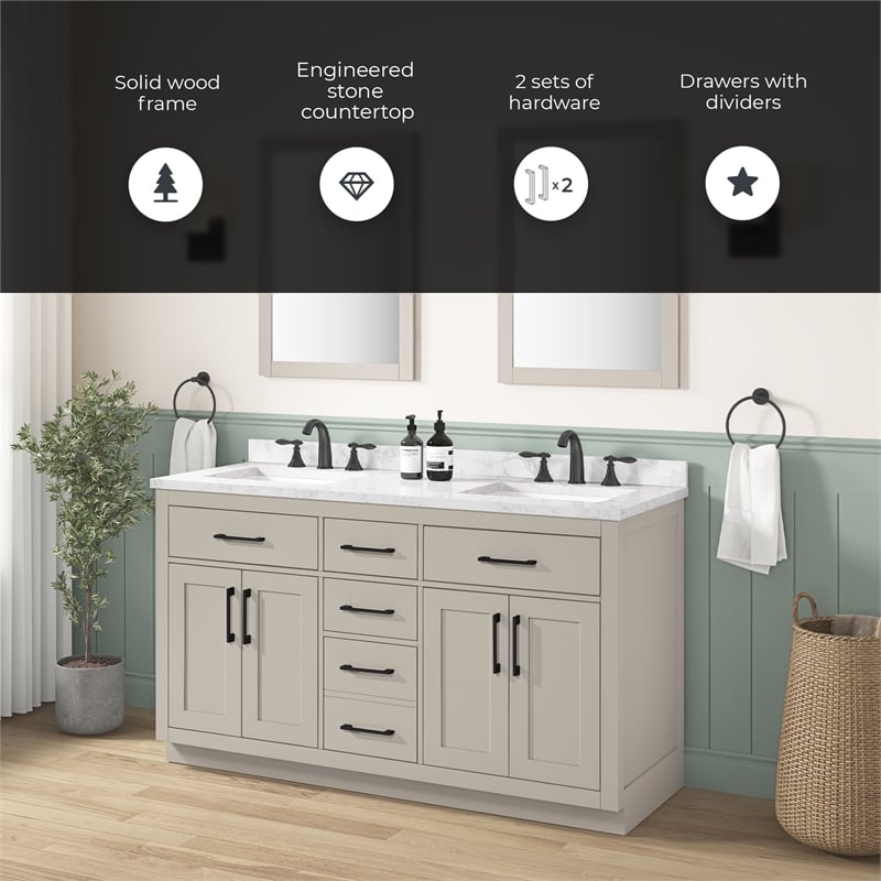 Athea 60 in. Greige Bathroom Vanity with White Top and Matte Black Hardware