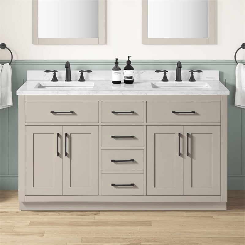 Athea 60 in. Greige Bathroom Vanity with White Top and Matte Black Hardware