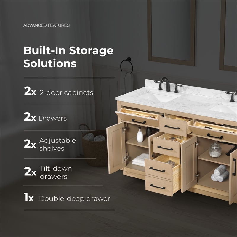 Athea 60 in. Sahara Birch Bathroom Vanity with White Top and Black Hardware