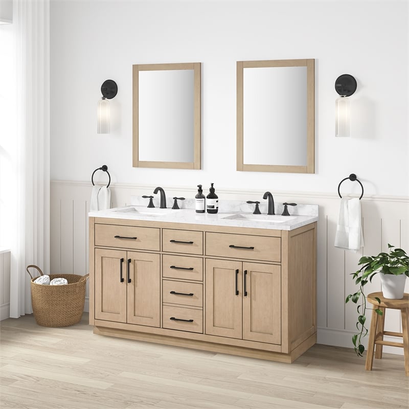 Athea 60 in. Sahara Birch Bathroom Vanity with White Top and Black Hardware