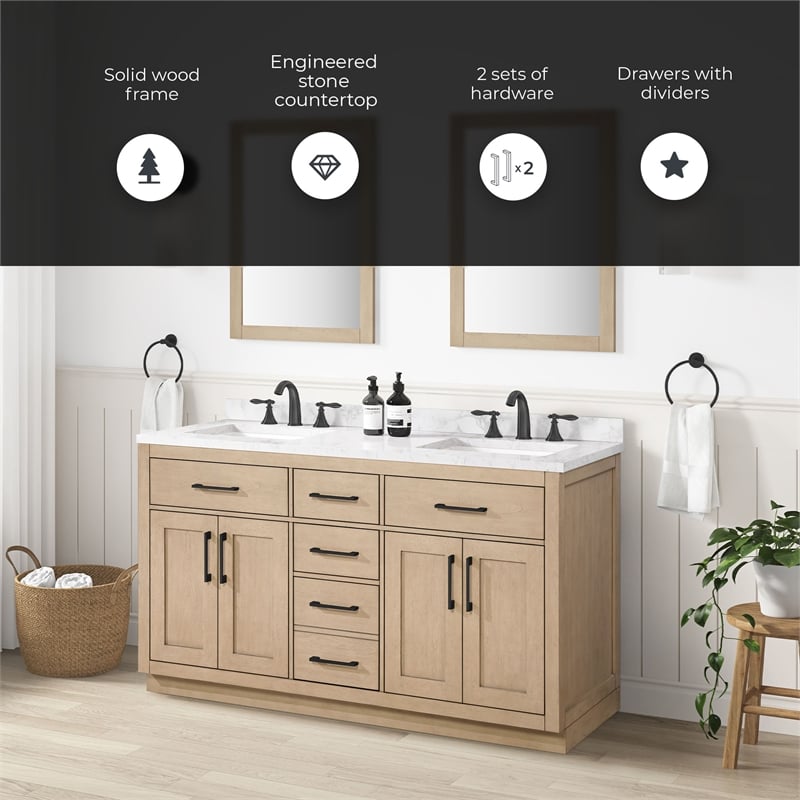 Athea 60 in. Sahara Birch Bathroom Vanity with White Top and Black Hardware