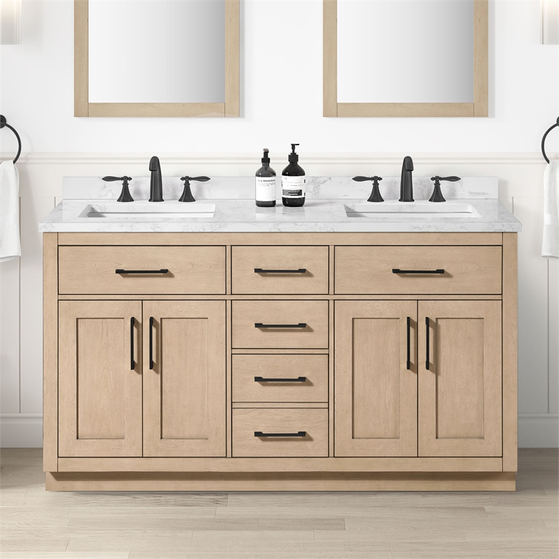 Athea 60 in. Sahara Birch Bathroom Vanity with White Top and Black Hardware