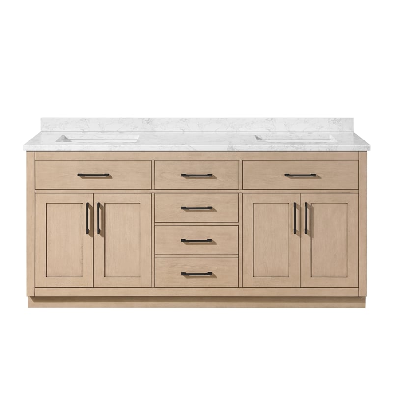 Athea 72 in. Sahara Birch Bathroom Vanity with White Top Matte Black Hardware