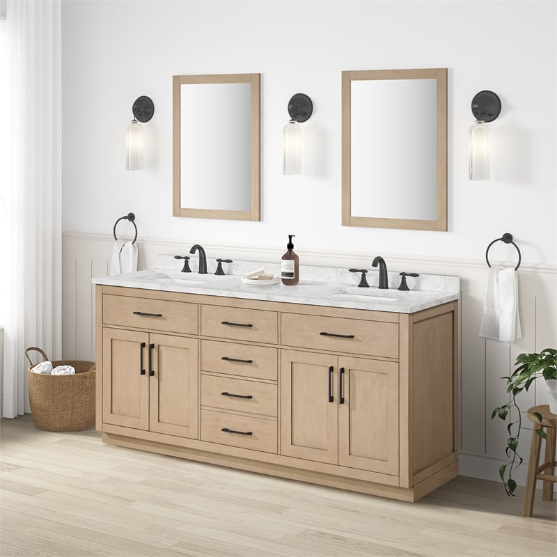 Athea 72 in. Sahara Birch Bathroom Vanity with White Top Matte Black Hardware