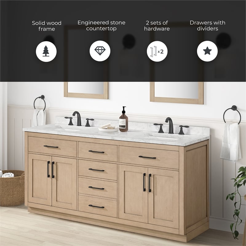Athea 72 in. Sahara Birch Bathroom Vanity with White Top Matte Black Hardware