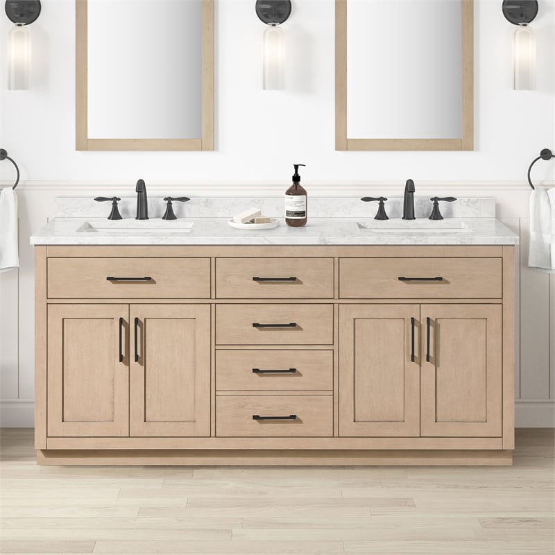 Athea 72 in. Sahara Birch Bathroom Vanity with White Top Matte Black Hardware