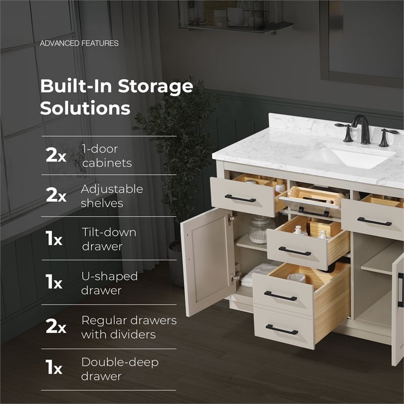 Athea 48 in. Greige Bathroom Vanity with White Top Black Hardware