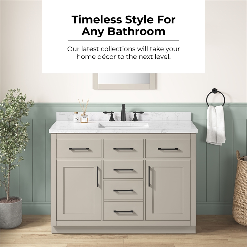 Athea 48 in. Greige Bathroom Vanity with White Top Black Hardware