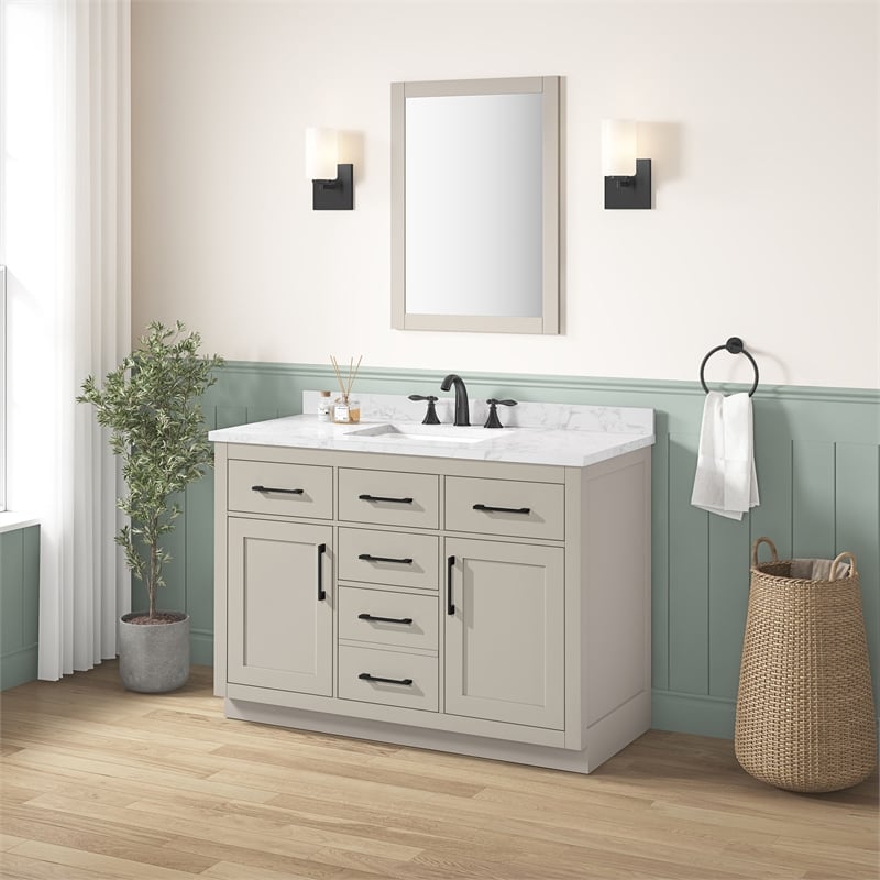 Athea 48 in. Greige Bathroom Vanity with White Top Black Hardware