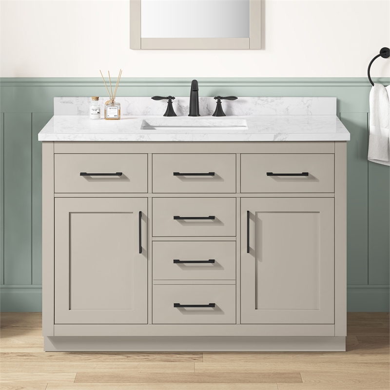 Athea 48 in. Greige Bathroom Vanity with White Top Black Hardware