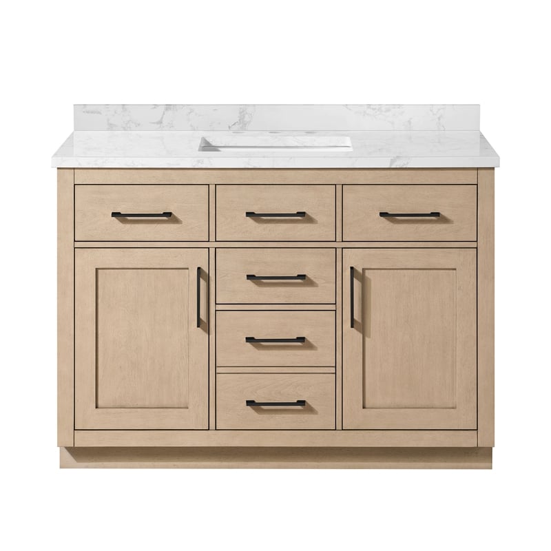 Athea 48 in. Sahara Birch Bathroom Vanity with White Top Black Hardware