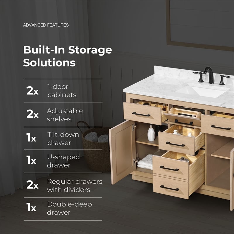 Athea 48 in. Sahara Birch Bathroom Vanity with White Top Black Hardware
