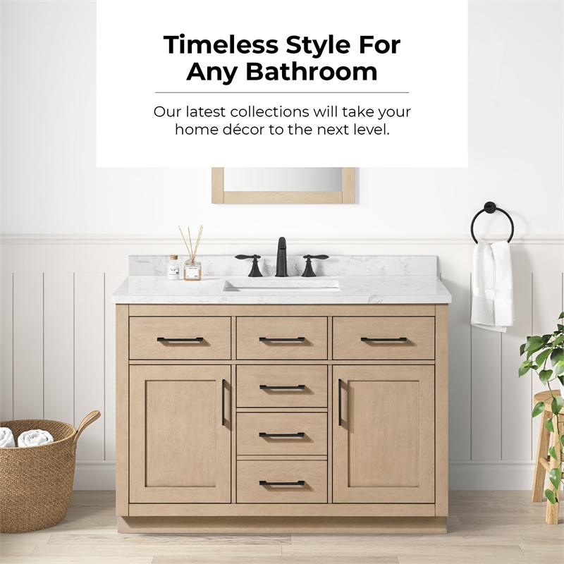 Athea 48 in. Sahara Birch Bathroom Vanity with White Top Black Hardware