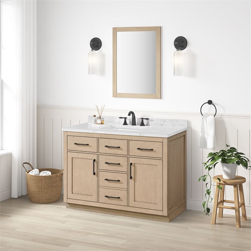Athea 48 in. Sahara Birch Bathroom Vanity with White Top Black Hardware