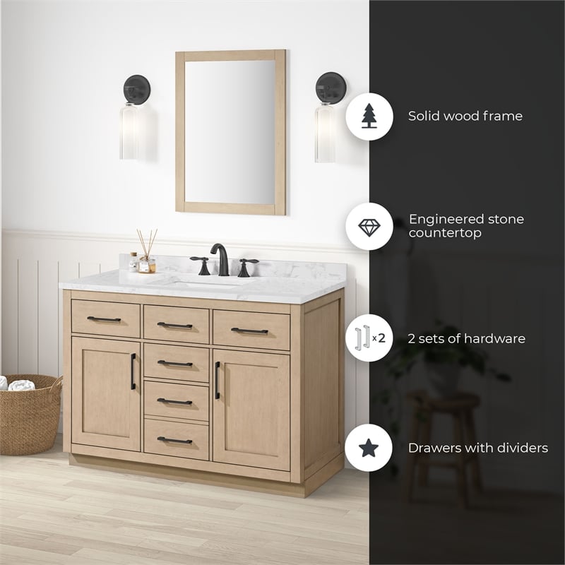 Athea 48 in. Sahara Birch Bathroom Vanity with White Top Black Hardware