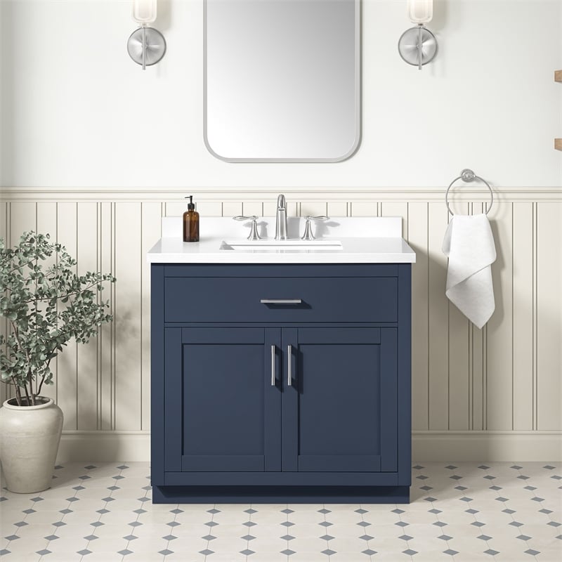 OVE Bailey 36 in. Midnight Blue Bathroom Vanity with White Top
