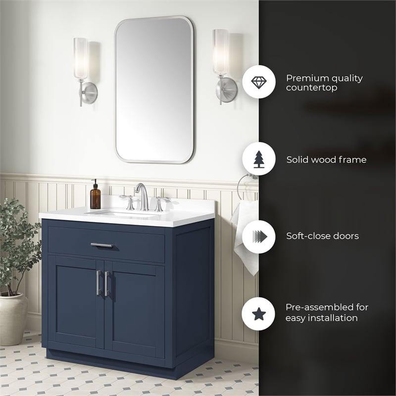 OVE Bailey 36 in. Midnight Blue Bathroom Vanity with White Top
