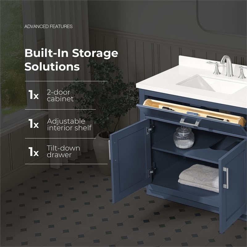 OVE Bailey 36 in. Midnight Blue Bathroom Vanity with White Top