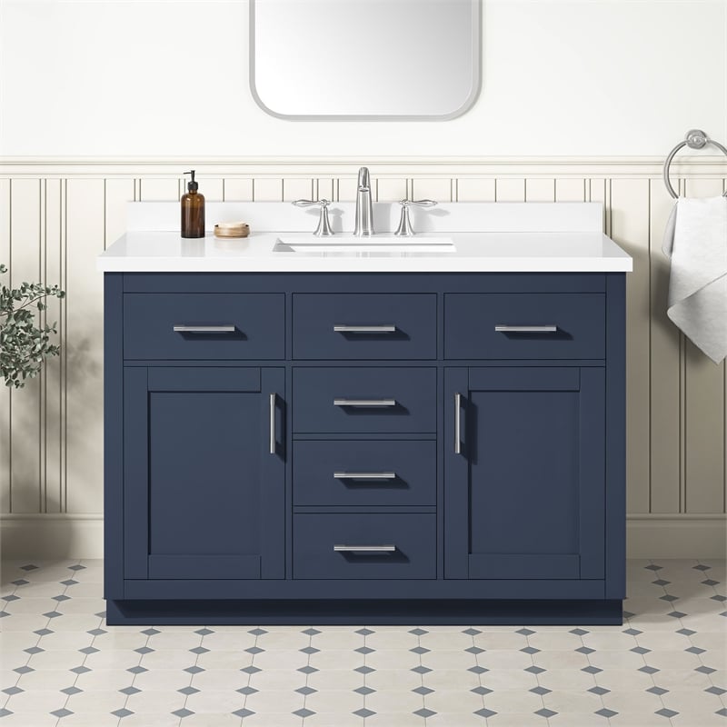 OVE Bailey 48 in. Midnight Blue Bathroom Vanity with White Top