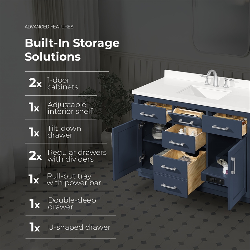 OVE Bailey 48 in. Midnight Blue Bathroom Vanity with White Top