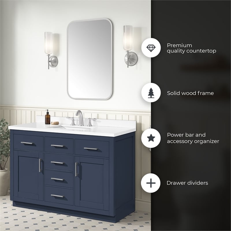 OVE Bailey 48 in. Midnight Blue Bathroom Vanity with White Top