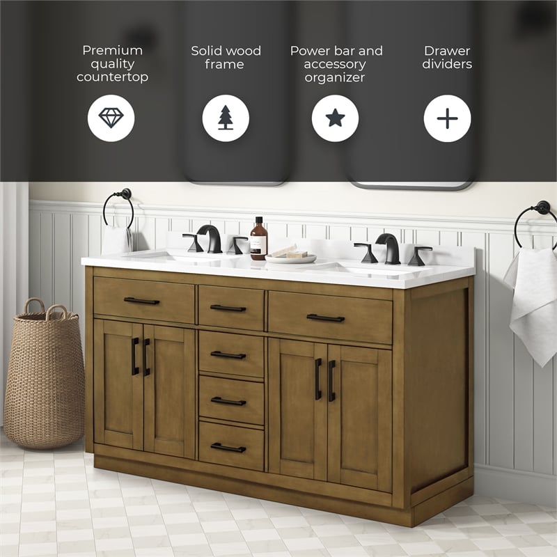 OVE Bailey 60 in. Almond Latte Bathroom Vanity with White Top