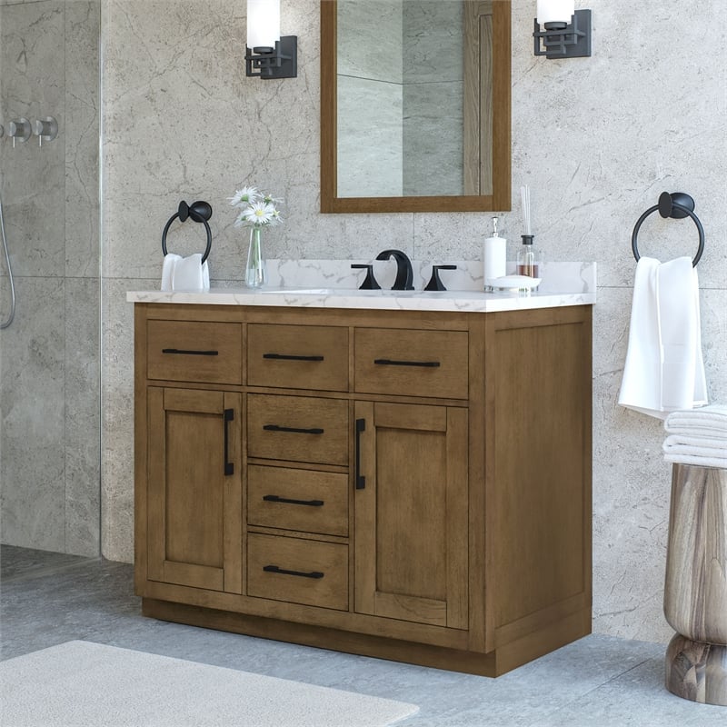 Athea 42 in. Almond Latte Bathroom Vanity with White Top Black Hardware