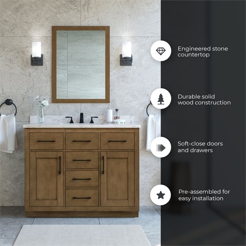 Athea 42 in. Almond Latte Bathroom Vanity with White Top Black Hardware