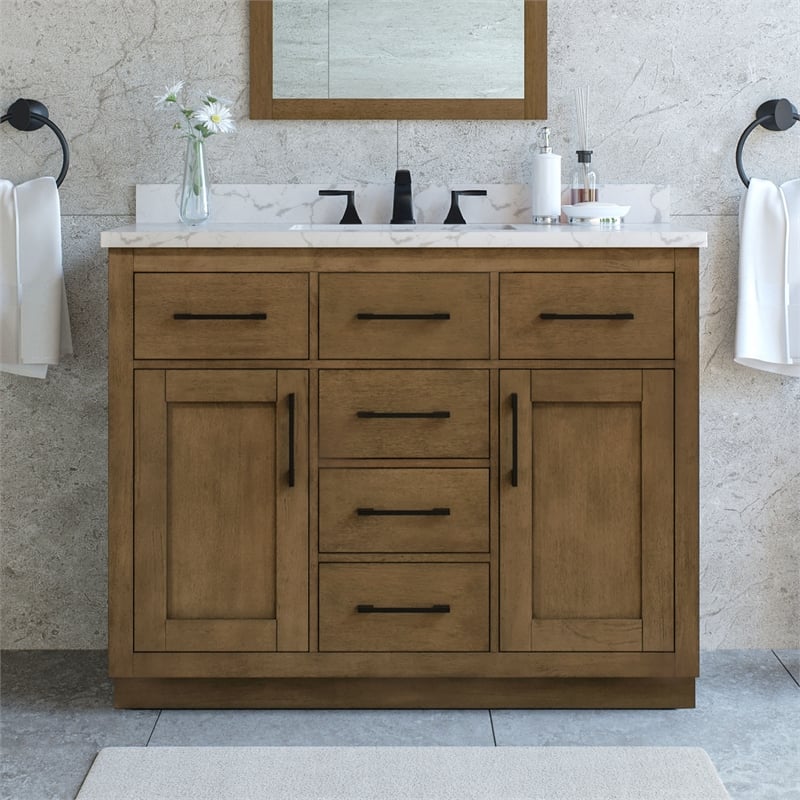 Athea 42 in. Almond Latte Bathroom Vanity with White Top Black Hardware