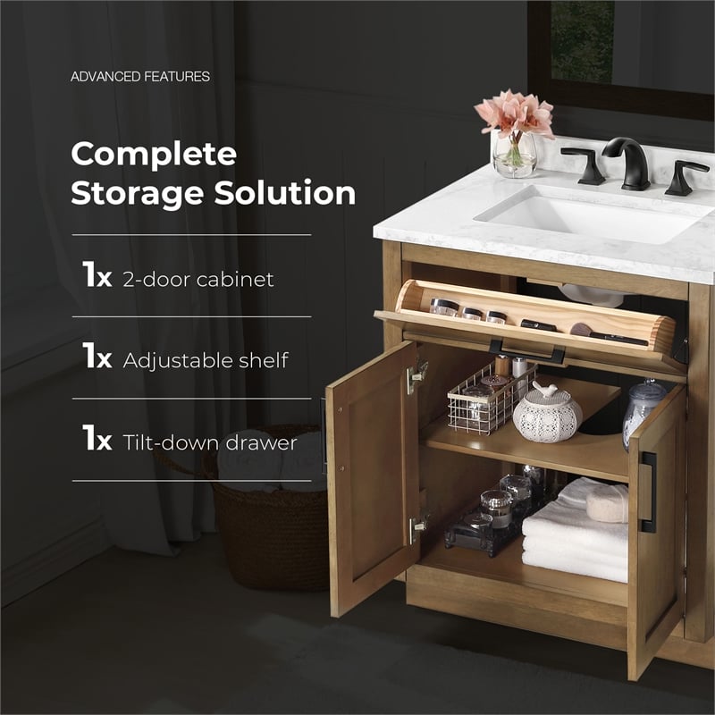 Athea 30 in. Almond Latte Bathroom Vanity with White Top Black Hardware